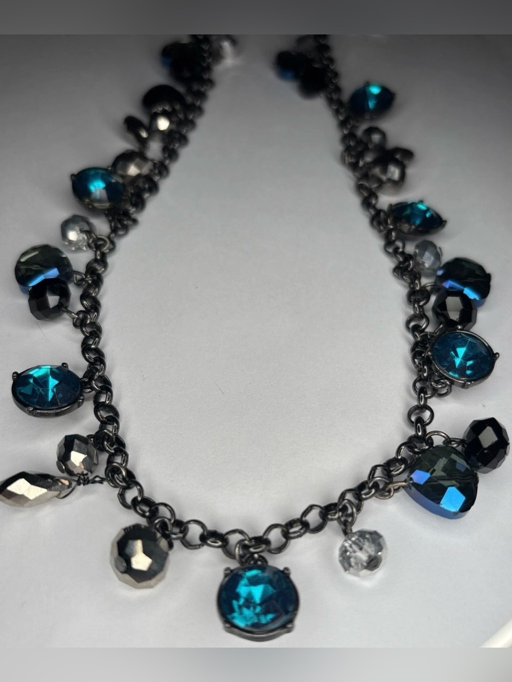 White House Black Market Chain Necklace Long Blue Rhinestones Disco Balls 41”